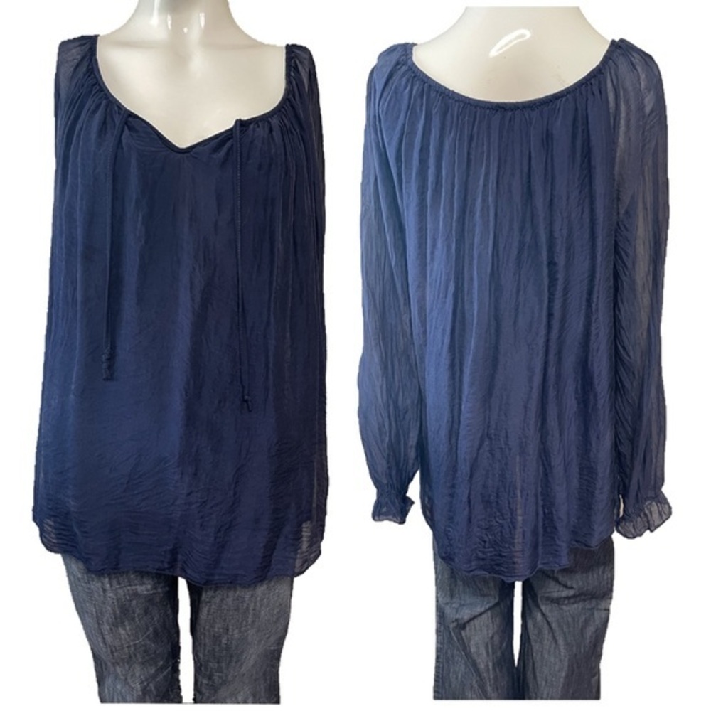 Pronto Moda Giusy Indigo Silk Lined Boho Blouse Made in Italy L